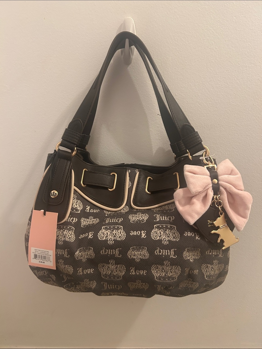 Juicy Couture Brown Monogram Shoulder Bag with Pink Bow Charm & Gold Hardware